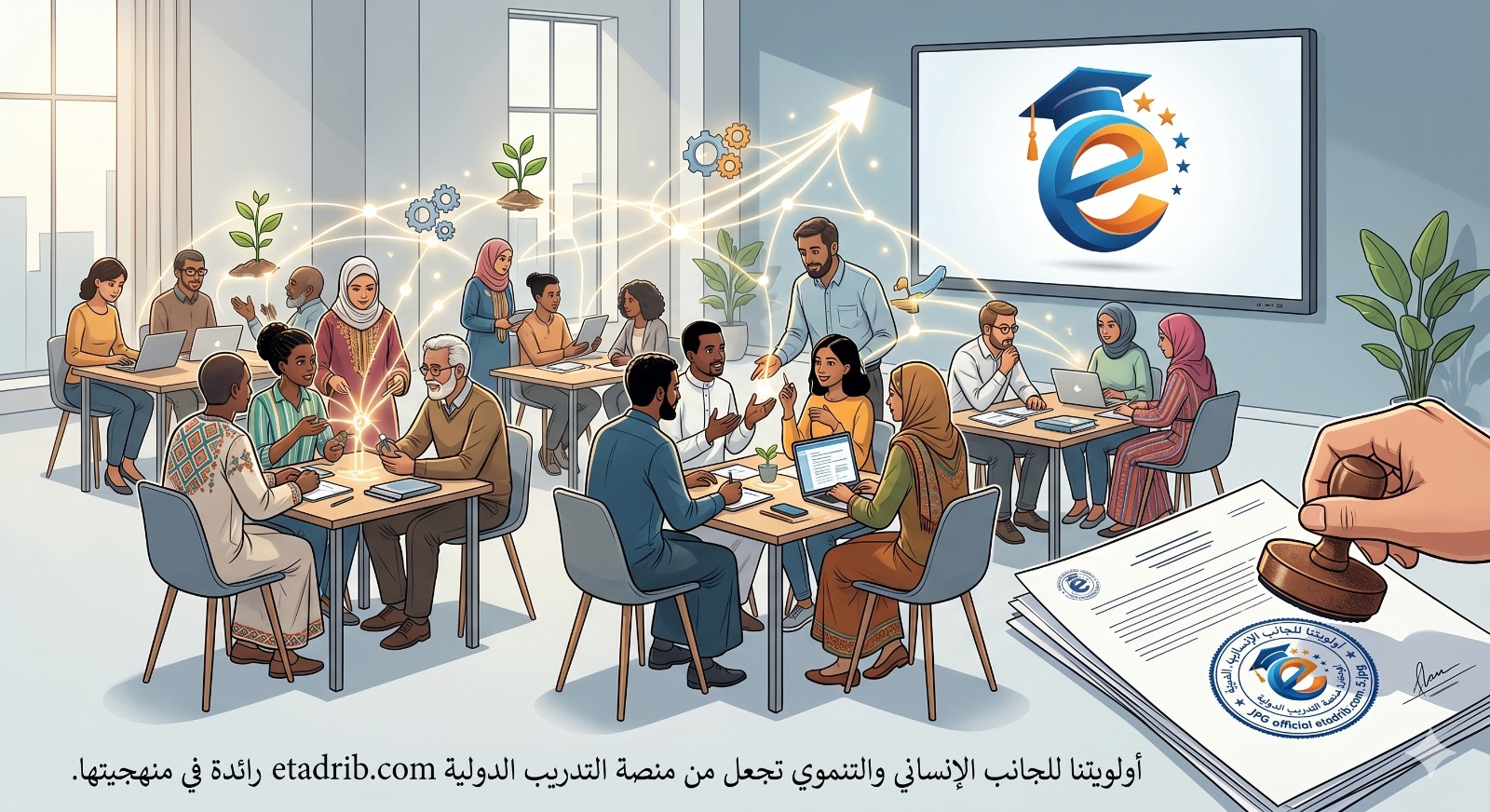 أولويتنا للجانب الإنساني والتنموي تجعل من منصة التدريب الدولية etadrib.com رائدة في منهجيتها. فيما يلي تفصيل موجز لهذه المنهجية المتميزة: